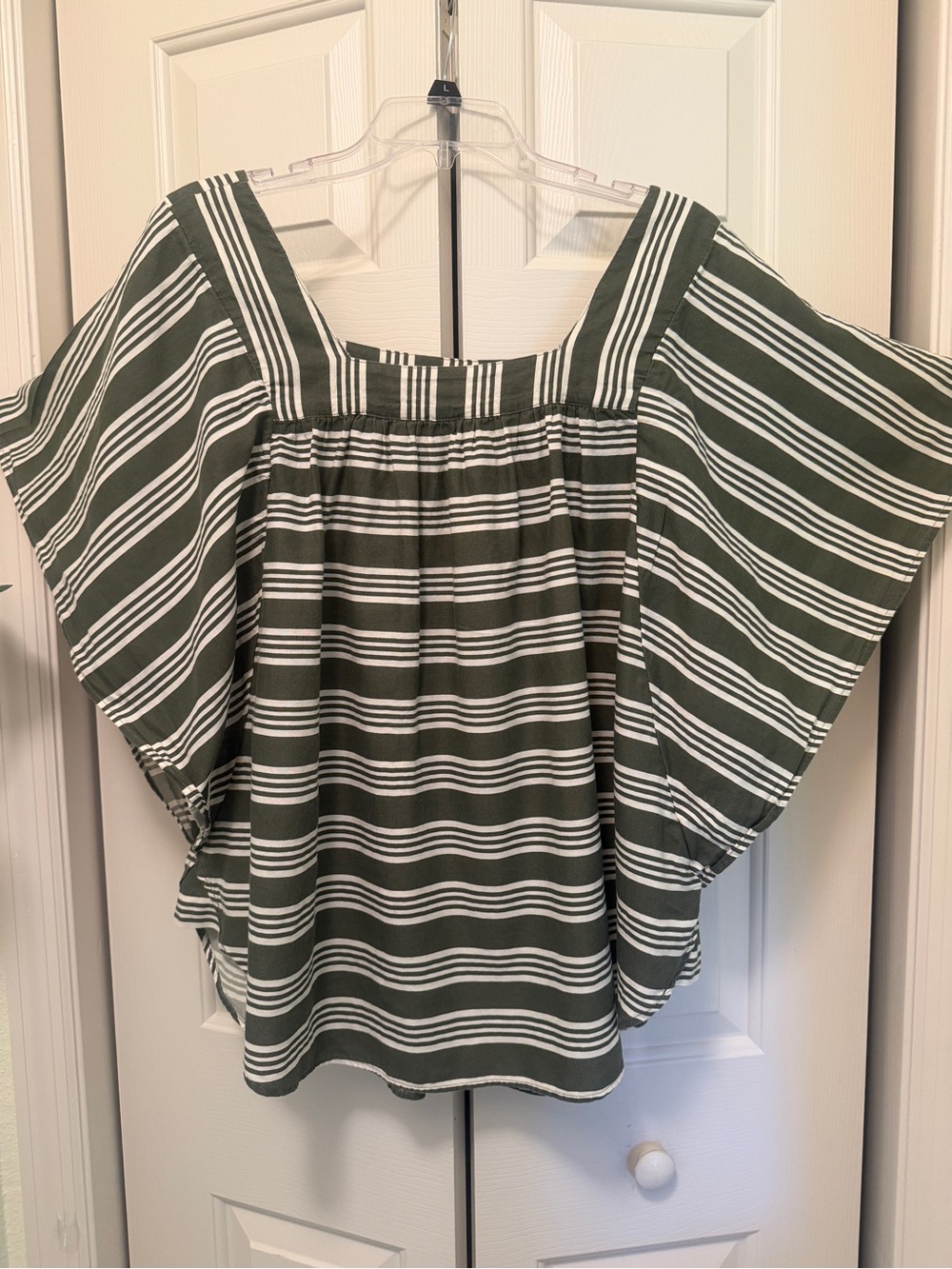 Striped Square-Neck EverGreen Women’s Top, Butterfly Sleeve 100% Cotton